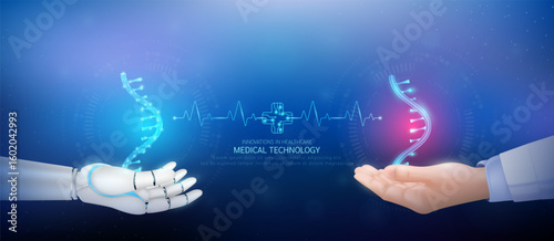 Medical technology. RNA Ribonucleic acid transparent on robot hand and doctor with heartbeat pulse cross circuit symbol. Innovative in health care futuristic by artificial intelligence. vector.