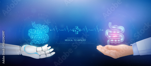 Medical technology. Small intestine polygon transparent on robot hand and doctor with heartbeat pulse cross circuit symbol. Innovative in health care futuristic by artificial intelligence. Vector.