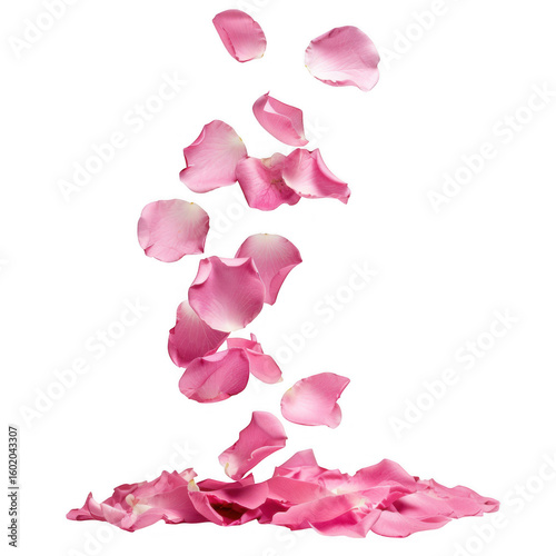 Delicate pink rose petals falling gracefully isolated on transparent background