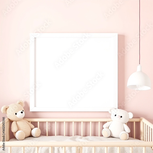 blank frame mockup in a girl room pastel colors whimsical children's decor plush toys creative poster showcase perfect bedroom design 3d render high quality digital art interior concept elegant layout
