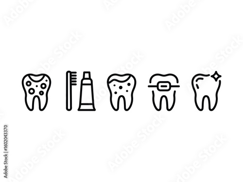 Dental Health Icons: Tooth Decay, Brush, Paste, Braces, and Clean Tooth
