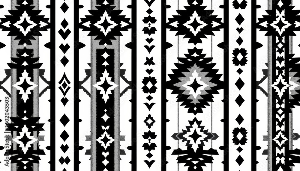 Black and white Aztec-inspired geometric seamless pattern with vertical stripes and Navajo-style motifs, aztec, design Black and white Aztec-inspired geometric seamless pattern with vertical stripes and Navajo-style motifs, aztec, design