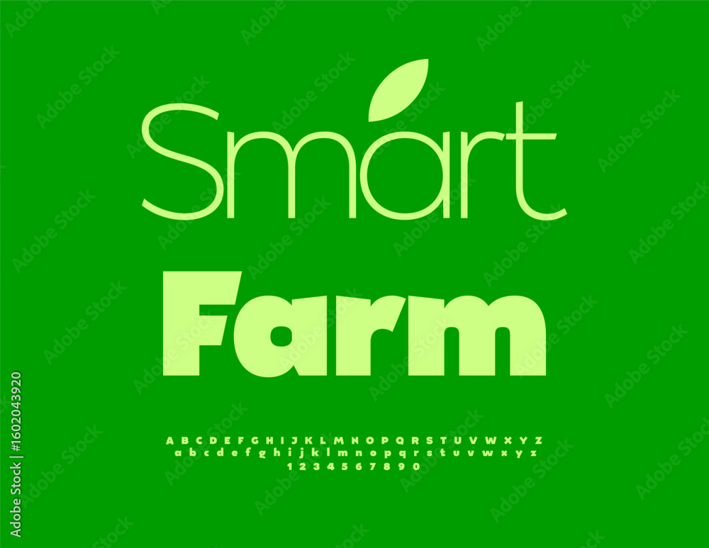 Fototapeta premium Vector Green sign Smart Farm. Typography Classic Font. Simple Minimal Alphabet Letters and Numbers set