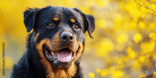 Happy Smiling Rottweiler Dog Portrait on Yellow Background