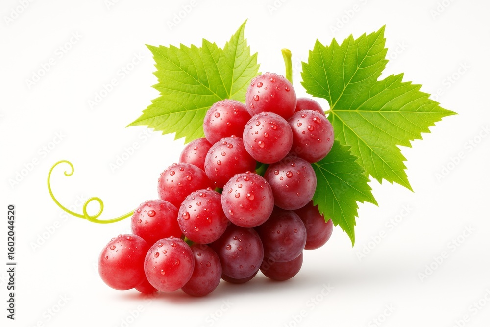 Fototapeta premium Fresh red grape cluster with green leaves and water droplets on bright background, symbolizing freshness, health, and organic food concept.