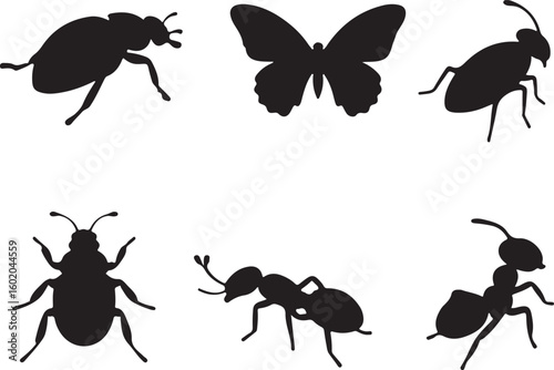 Simple Black Silhouette of Various Insects and Butterflies