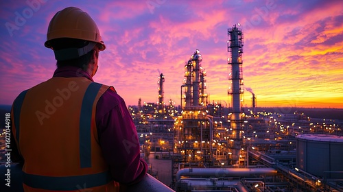 Industrial worker overlooking a petrochemical plant at dusk, with a dramatic sky 