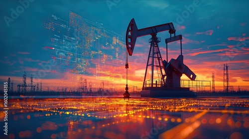Illuminated oil pumpjack with data overlay at twilight, representing energy industry innovation 