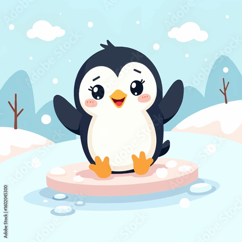 A cheerful penguin slides playfully across the icy landscape during winter daylight.
