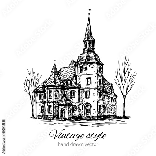 Vintage vector sketch tile old European house, mansion, Historical building sketchy line art isolated, touristic postcard, poster, calendar template, page idea with European house, book illustration