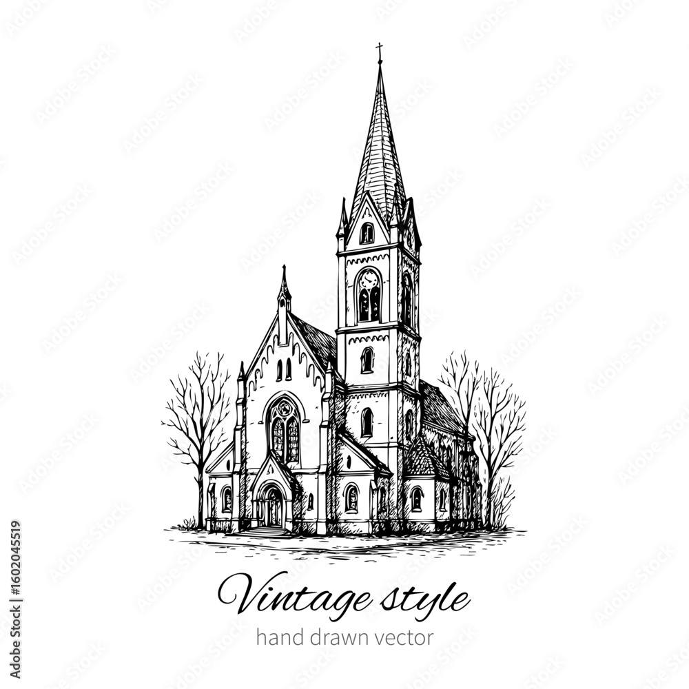 Fototapeta premium Church of Queen Luisa, Luizenvahl, Landmark of the city of Kaliningrad, Russia, Is main symbol of the Konigsberg, Vector hand drawn ink urban sketch isolated on white, Historical building art line