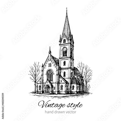 Church of Queen Luisa, Luizenvahl, Landmark of the city of Kaliningrad, Russia, Is main symbol of the Konigsberg, Vector hand drawn ink urban sketch isolated on white, Historical building art line