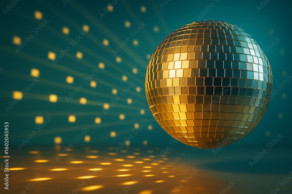 Obraz premium Golden disco ball with glowing reflections and square light patterns on teal background, symbolizing party atmosphere and celebration concept.