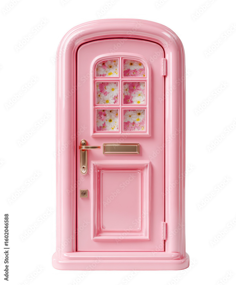 Obraz premium Charming pink fairy door with decorative window and golden handle isolated on transparent background