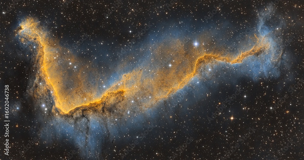 Fototapeta premium Cosmic nebula, swirling golden-blue hues