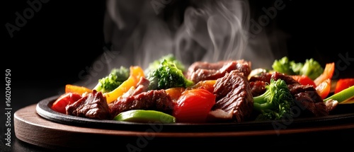 A steaming plate of stir-fried beef and colorful vegetables served hot on a wooden platter against a dark background