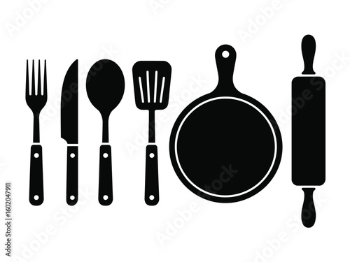 Black Kitchen Utensils and Cutting Board Silhouettes on White Background