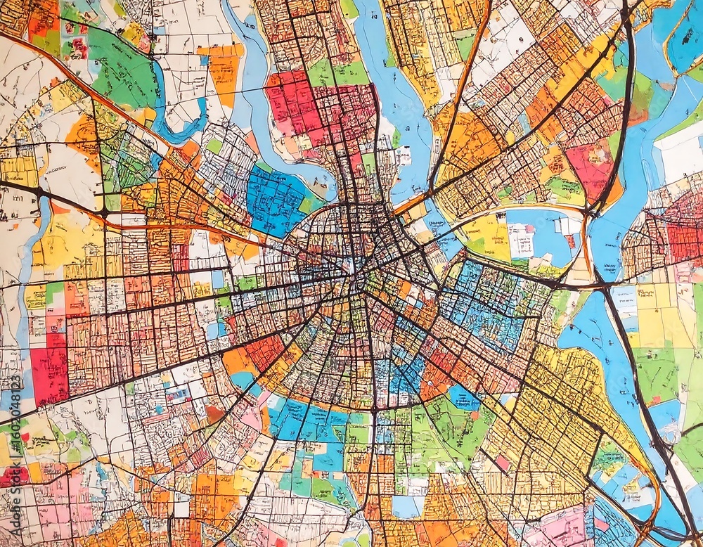 Fototapeta premium Colorful city map with roads and districts
