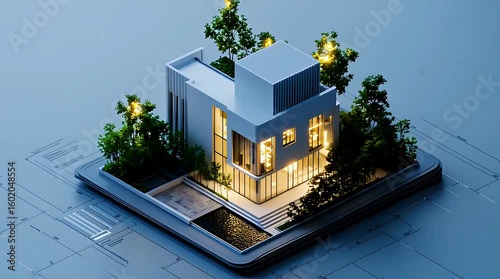 Modern architectural model of a house with surrounding greenery and lighting on a blueprint background