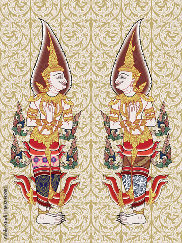 Traditional Thai art seamless doorkeeper painting pattern in damask style motif suitable for wallpaper, clothing, curtain, textile and fabric design isolated illustration vector EPS file.