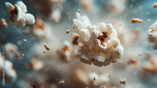 Flying popcorn burst frozen in cinematic macro explosion