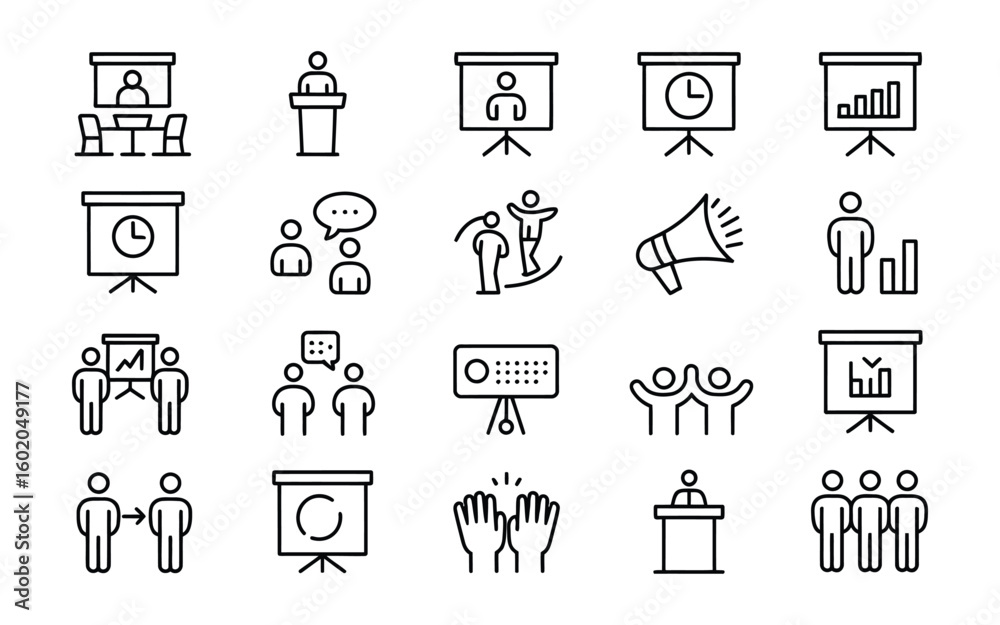 Fototapeta premium Business Meeting & Presentation Icons Vector Set: Conference, Public Speaking, Training & Success - Line Art Collection