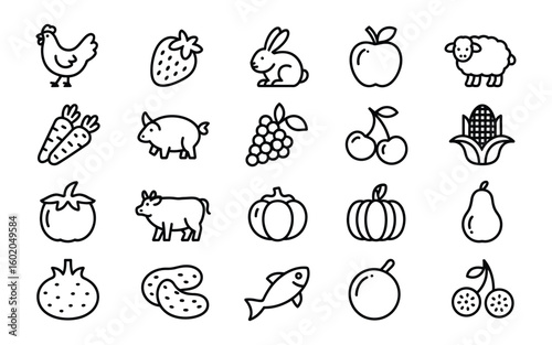 Farm and Food Icon Set: Agriculture, Animals, Fruits, Vegetables & More for Healthy Eating & Sustainable Living