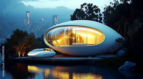 Modern futuristic house by the lake at twilight, showcasing sleek design and vibrant lighting