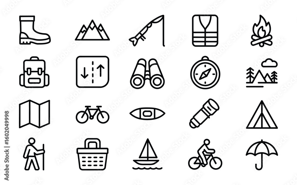 Fototapeta premium Outdoor Recreation Icon Set: Camping, Hiking, Fishing, Cycling & More for Adventure & Nature Activities