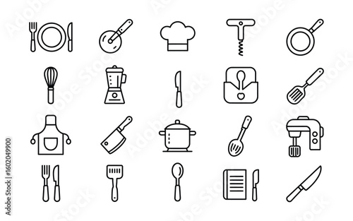 Kitchen Utensil & Cooking Tool Icon Set: Chef's Hat, Knives, Pots & More for Culinary Design Projects