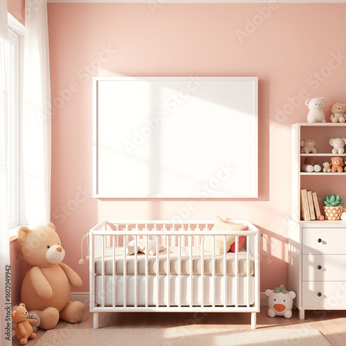 Blank Canvas Mockup in a Bright Playful Room Cheerful Wall Decor with Colorful Framed Art Stylish Nursery Mockup for Kids Bedroom Adorable Pastel Interior with Soft Toys Display Frame Design Inspirati