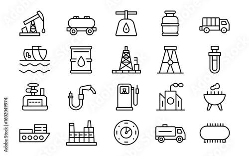 Oil and Gas Industry Icon Set: Drilling, Production, Transport & Energy Vector Outline Icons