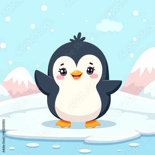 A cheerful penguin slides playfully across the icy landscape during winter daylight.