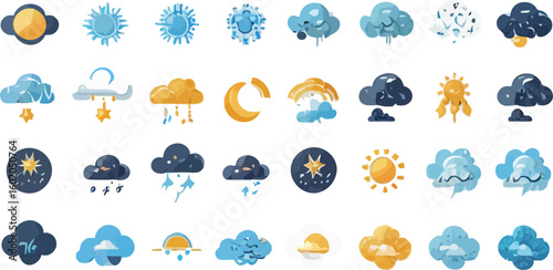 A vector set of blue and white weather forecast icons, including sun, cloud, rain, snow, and lightning symbols with subtle drop illustrations