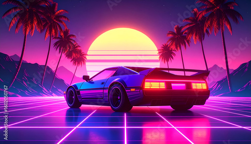 80s Retro Car Sunset Landscape.