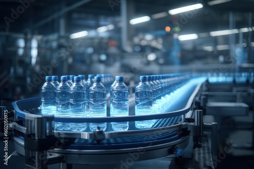 Wallpaper Mural Plastic water bottles move along a conveyor belt in a modern, brightly lit factory or bottling plant with industrial equipment Torontodigital.ca