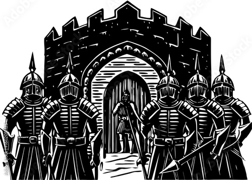 Medieval Guard Gate with Armored Soldiers - Fortress Entrance Patrol