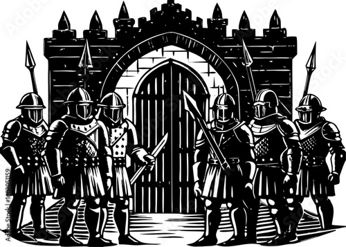 Medieval Guard Gate with Armored Soldiers - Fortress Entrance Patrol