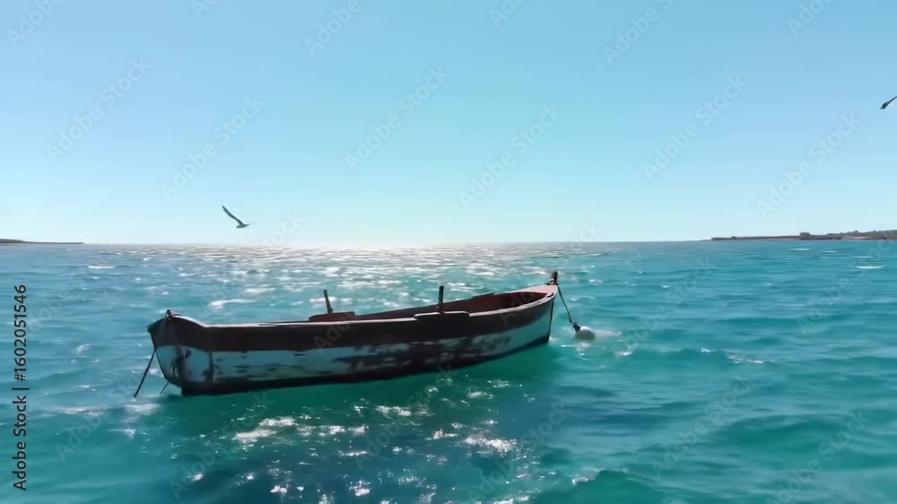 Calm sea with a small boat and birds Calm sea with a small boat and birds