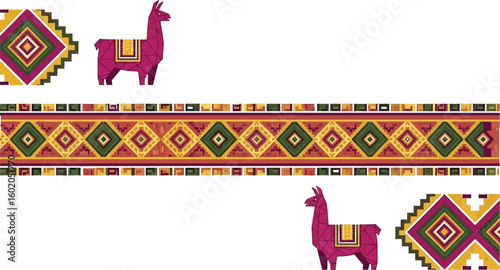 Llama banner set with peruvian pattern design and geometric elements for decoration