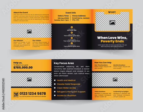 Charity fundraising event square trifold brochure design or charity donation campaign promotion brochure template   
