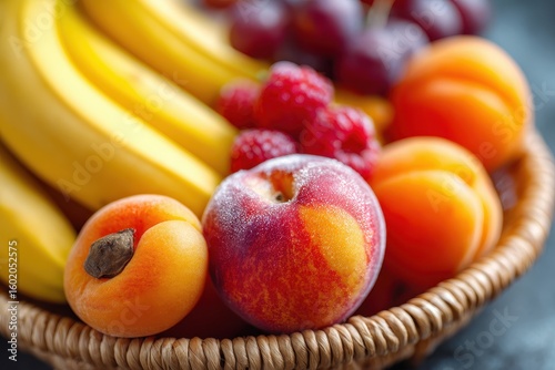 No GMO. Abundance of Natural Organic Fruits - Apple, Apricot, Banana, Berry - Closeup