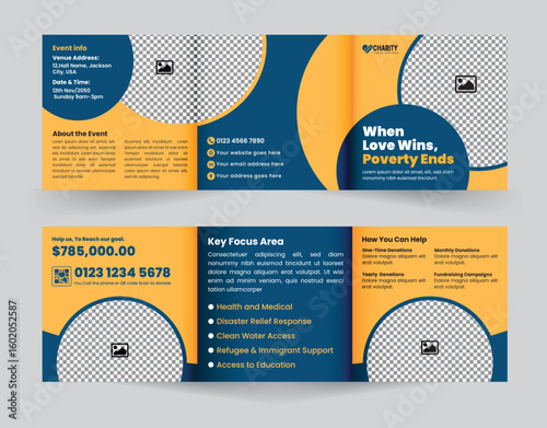 Charity fundraising event square trifold brochure design or charity donation campaign promotion brochure template   