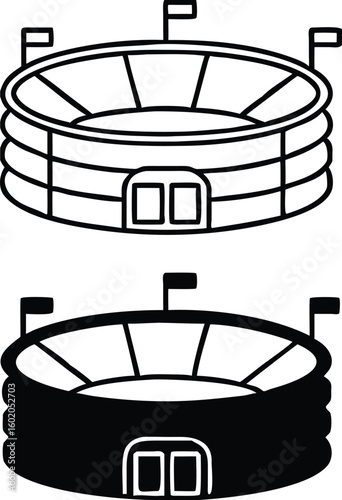 Stadium icons. Black and White Vector Icons of Sports Stadium Building. Arena with Flags, Sports Complex. Architecture Concept
