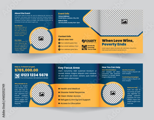 Charity fundraising event square trifold brochure design or charity donation campaign promotion brochure template   