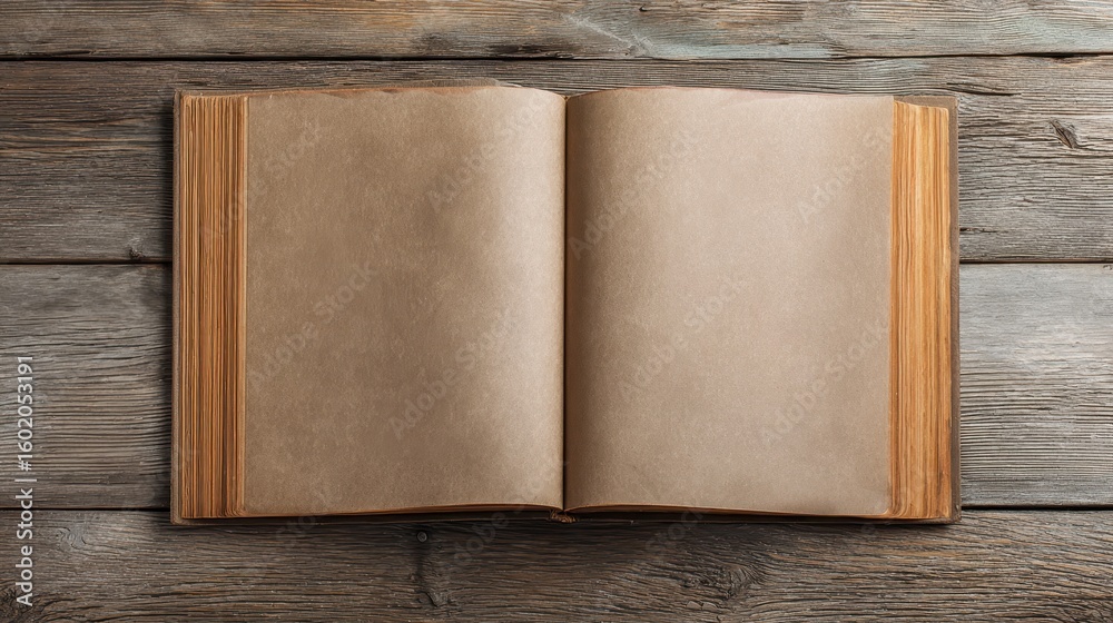 Fototapeta premium Open Photo Album. Vintage Paper Page on Minimal Wooden Background