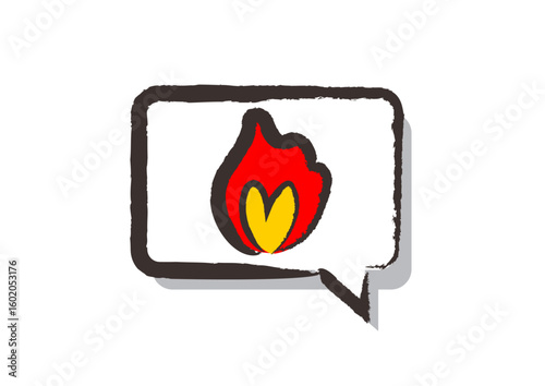 筆で描いた、吹き出しアイコン「火（ファイヤー、炎上、人気、注目）」, A speech bubble icon "Fire (fire, flames, popularity, attention)" drawn with a brush