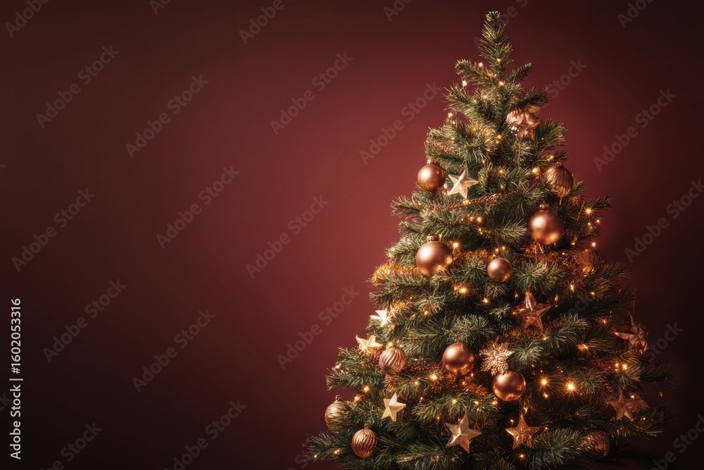 A decorated Christmas tree with gold ornaments and twinkling lights stands against a warm, dark red background A decorated Christmas tree with gold ornaments and twinkling lights stands against a warm, dark red background