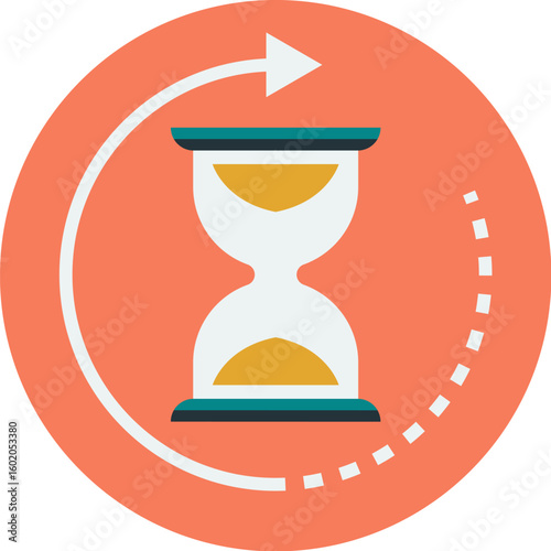 Sand timer icon with circular arrow indicating time passing, set against a peach-colored background.