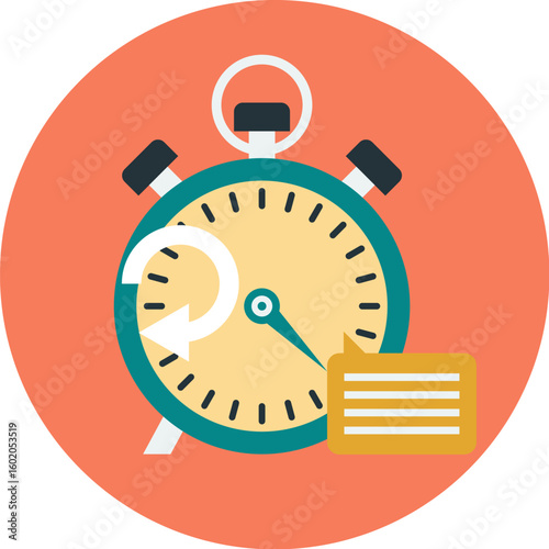 Flat design icon of a stopwatch with a rewind arrow and message, symbolizing time management and communication.